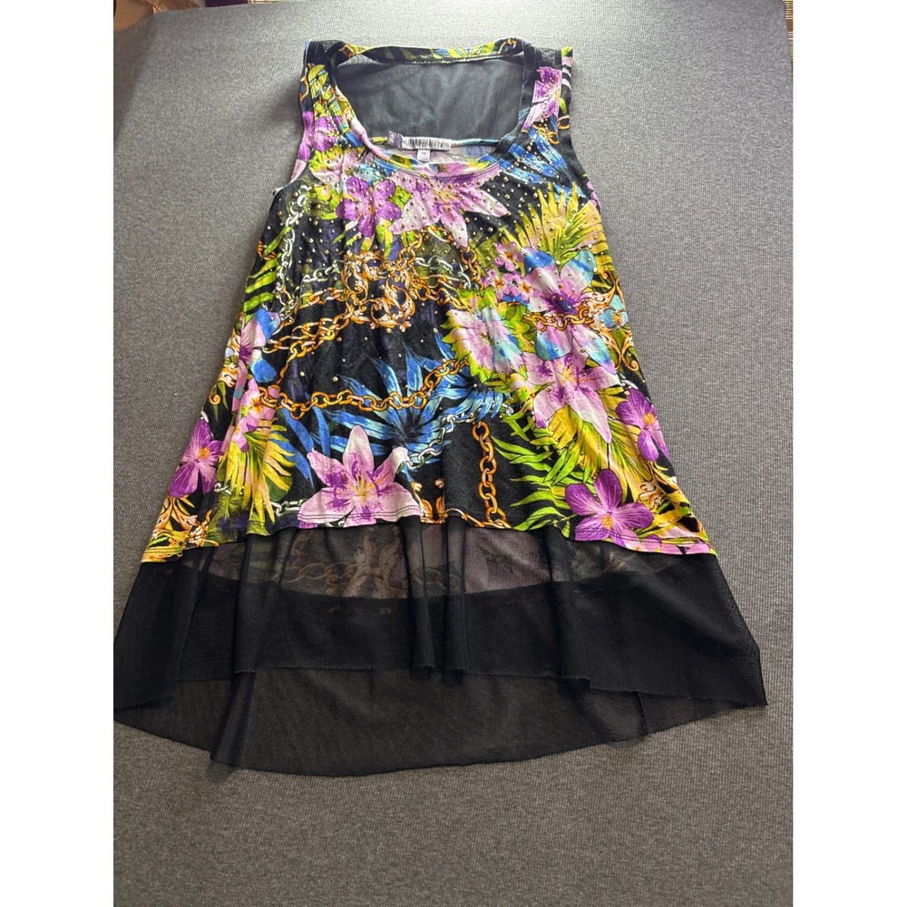 Jennifer Lopez Floral Chain Print Studded Mesh High-Low Tunic Top XS Black Multi